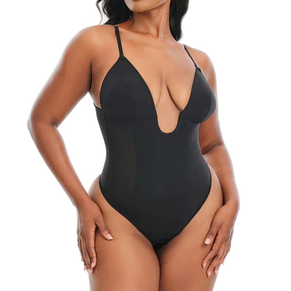 Women’s Deep U Thong Bodysuit Shapewear Built-in Bra | Seamless Backless Slimmer